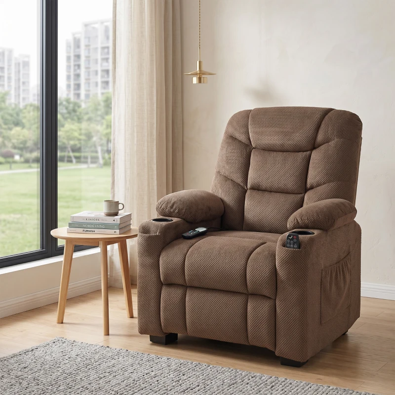 HOMCOM Cadeirão Relax Reclinável Elétrico com Calor Lombar, Massagem Vibratória, Motor Silencioso, Função Memória, Bolsos e USB, Castanho