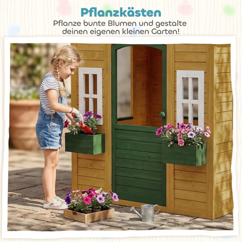 AIYAPLAY Kinderspielhaus Holz Spielhaus Outdoor mit Tür 3 Fenster 2 Blumenkästen für 3-8 Jahre Kinder 134,5 x 97 x 150 cm Braun