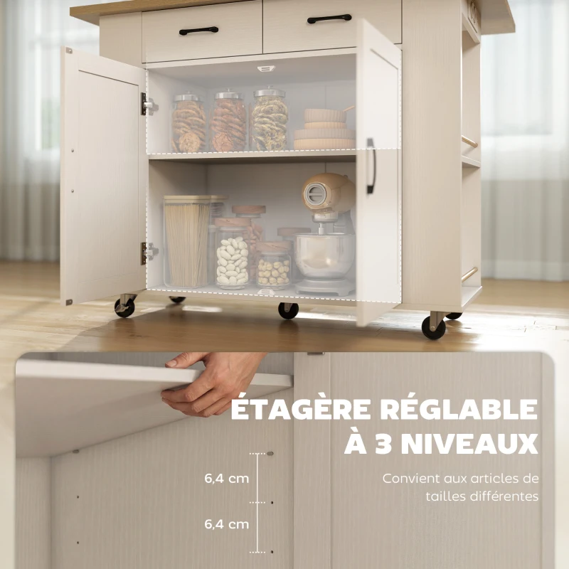 HOMCOM Îlot de Cuisine avec Station de Charge, Chariot de Cuisine à Roulettes avec Plan de Travail Rabattable, 2 Tiroirs, Blanc