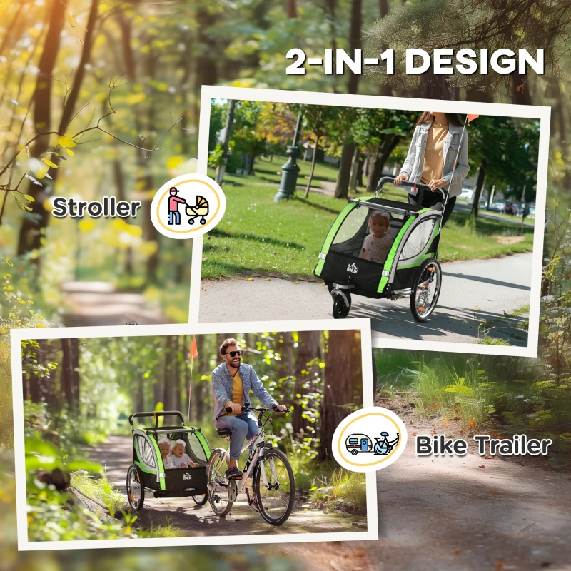 HOMCOM Child Bike Trailer 2 In 1 Baby Stroller 2 Seater Transport Carrier with Hitch Coupler, Brake, 5 Point Harness, Storage Bag, Reflector, Flag, Green