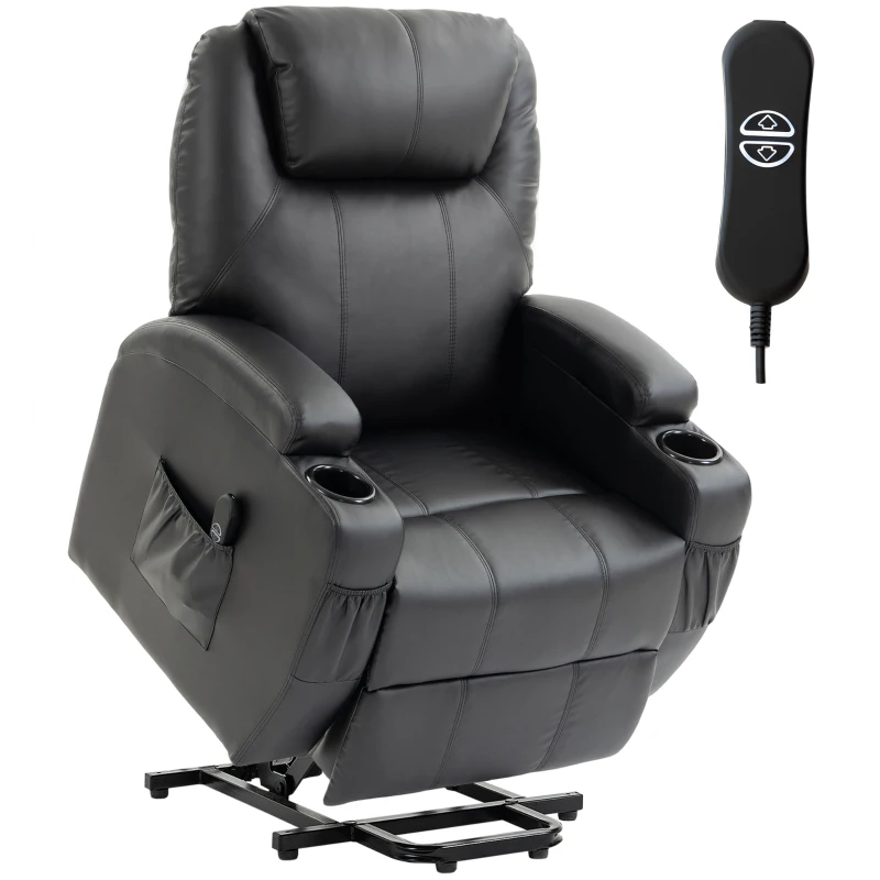 HOMCOM Elektrische sta-op-stoel van kunstleer, relaxfauteuil met afstandsbediening, USB-oplader, bekerhouder en zijvakken, zwart
