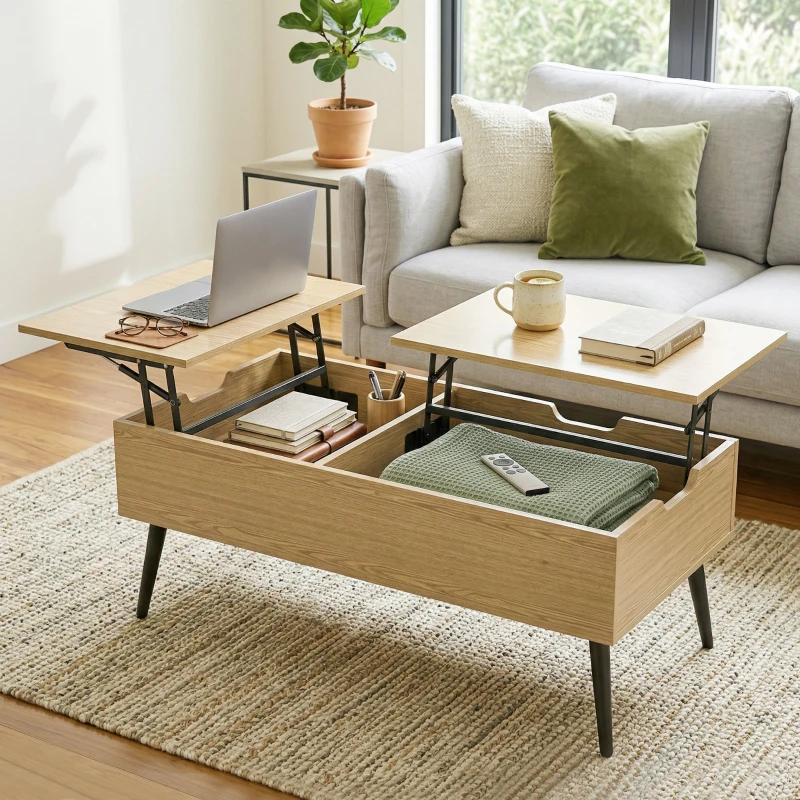 HOMCOM Table basse relevable avec double plateau, table de salon avec compartiment caché et pieds en métal, bois naturel