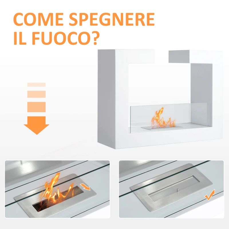 HOMCOM Caminetto a Bioetanolo da Tavolo 2000W in Acciaio Inossidabile Inodore con Vetro 78 x 25 x 58 cm Bianco
