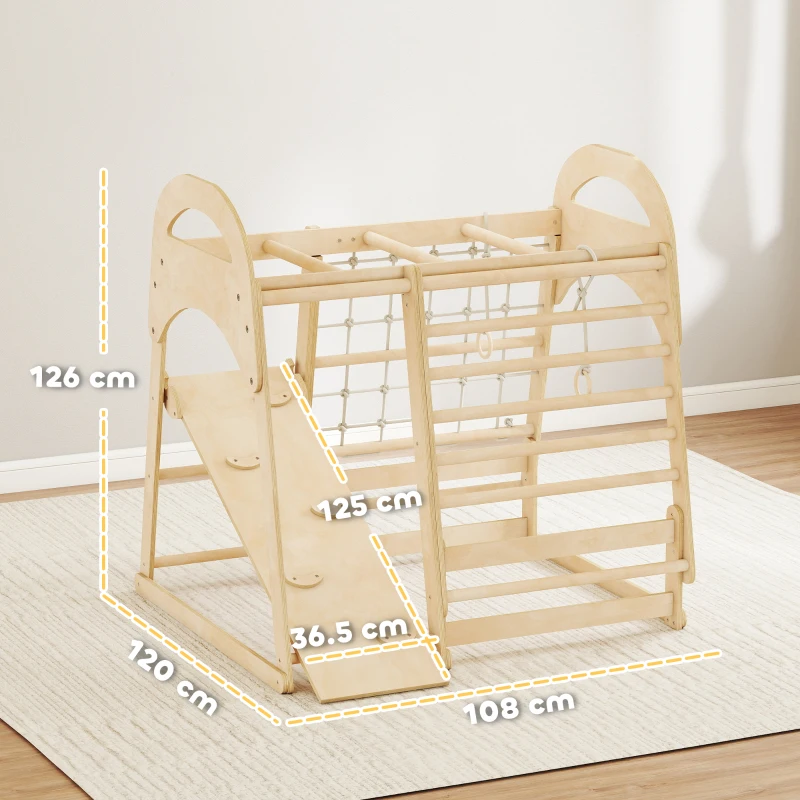 AIYAPLAY 6 in 1 Kids Climbing Frame with Slide, Monkey Bars, Gymnastics Rings, Ladder, Climbing Net, for 3-6 Years, Natural Tone