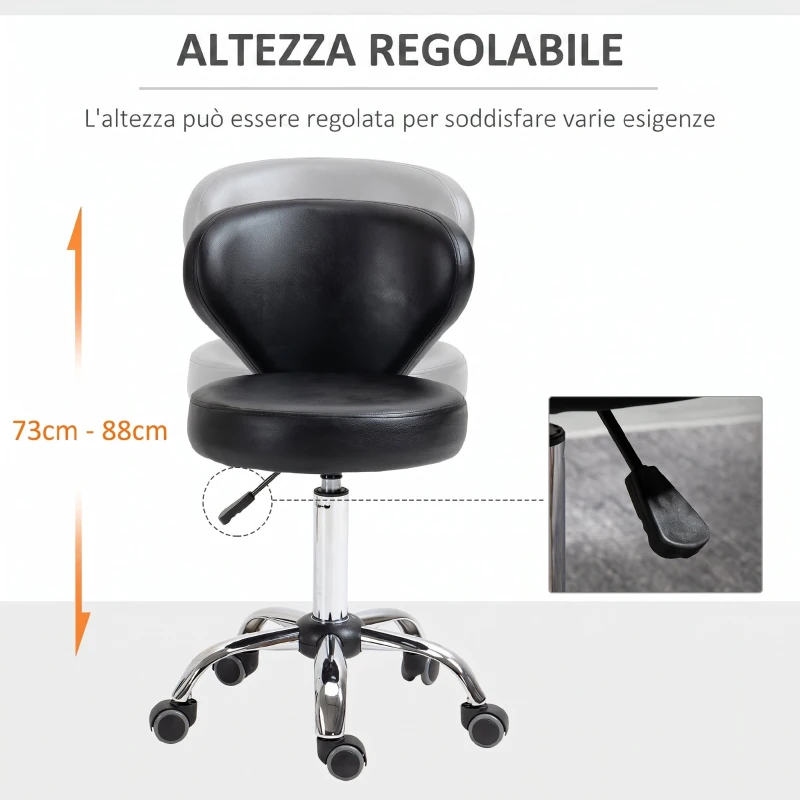 HOMCOM Sgabello Regolabile Girevole a 360°, Sgabello da Estetista con Schienale, in Acciaio, Finta Pelle, Nero