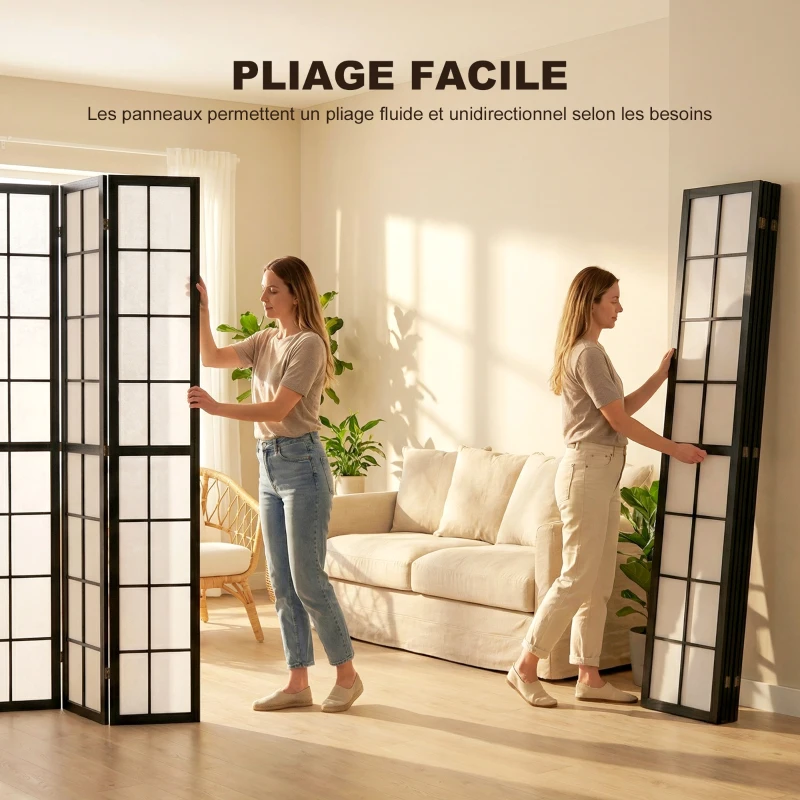 HOMCOM Paravent interieur pliable 4 panneaux 160 x 170 cm séparateur de pièce pour salon chambre à coucher maison, noir