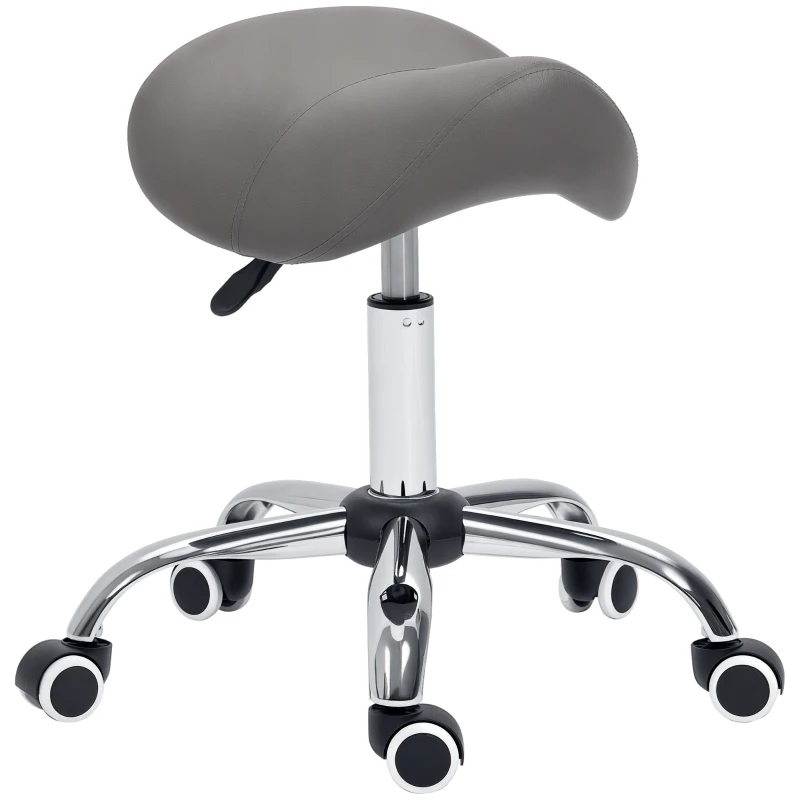 HOMCOM Cosmetic Stool 360° Rotate Height Adjustable Salon Massage Spa Chair Hydraulic Rolling Faux Leather Saddle Stool, Grey