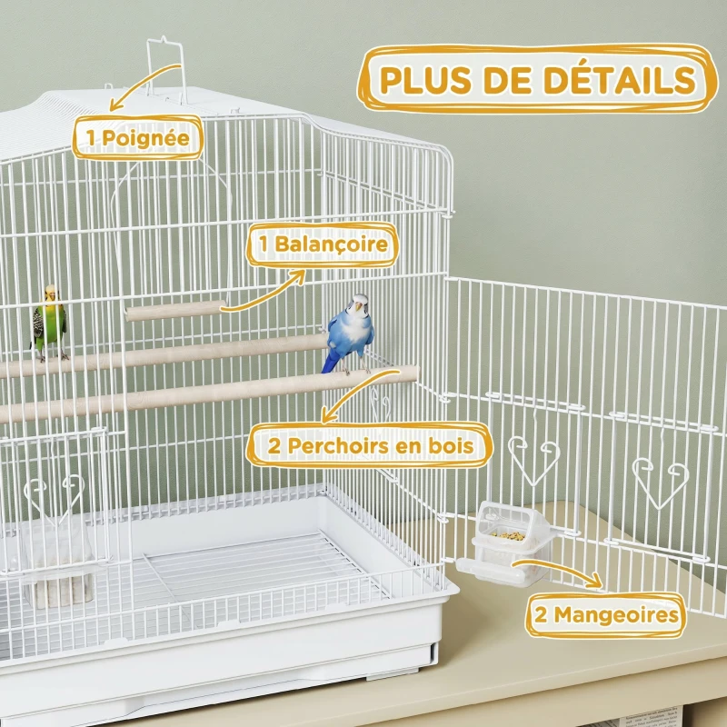 PawHut Cage à Oiseaux Volière avec Mangeoires, Perchoirs, Plateau Excrément Amovible, 46,5 x 36 x 59 cm, Blanc
