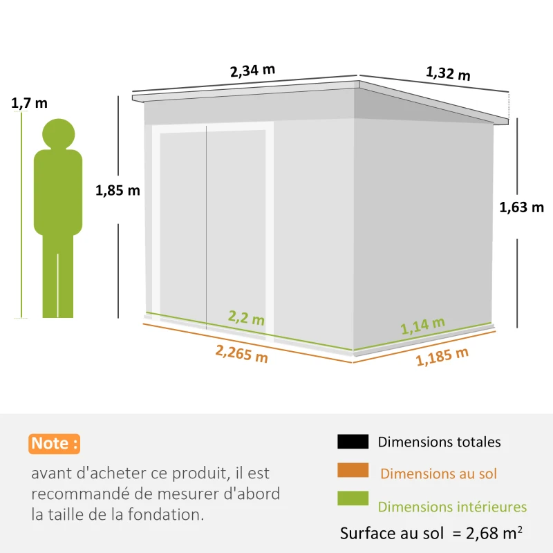 Outsunny Abri de jardin en métal cabane jardin extérieure triple porte verrouillable toit incliné aérations 234x132x185cm gris