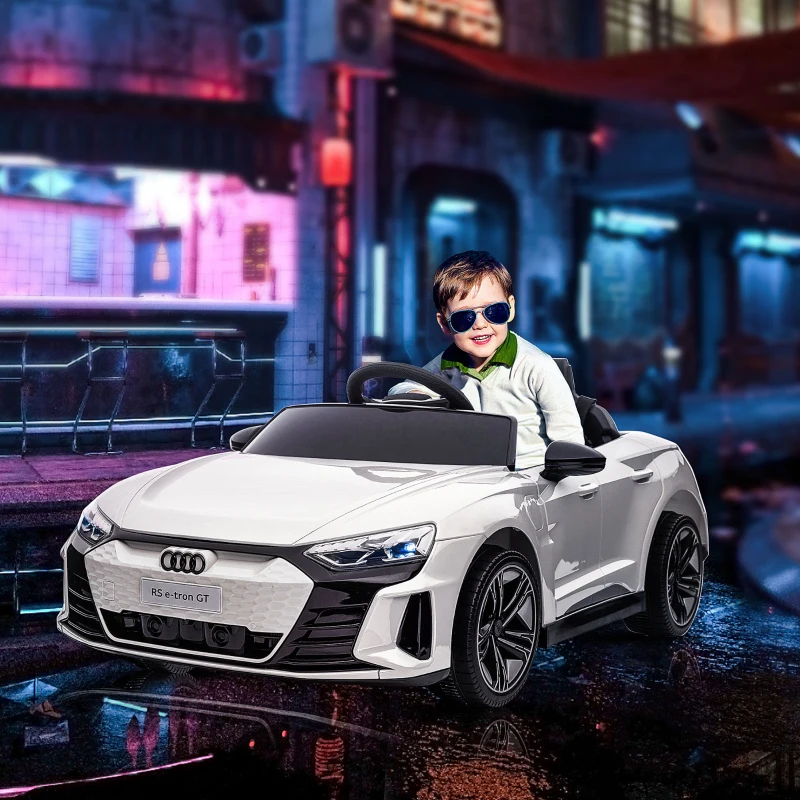 HOMCOM Carro Elétrico AUDI RS E-Tron GT 12V com 2 Motores Controlo Remoto Faróis LED Buzina Música USB 3-5km/h 103x58x41cm Branco