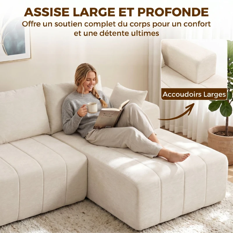 HOMCOM Canapé d'angle 256 cm avec méridienne, canapé-lit 3 places en chenille forme de L, assise et accoudoirs larges, beige