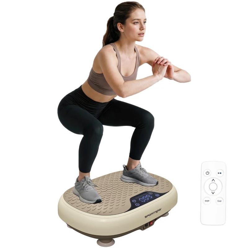 SPORTNOW Plateforme Vibrante, 20 Niveaux de Vitesse, 3 Programmes, Écran LED et Télécommande, 46 x 33 x 13,5 cm, Beige