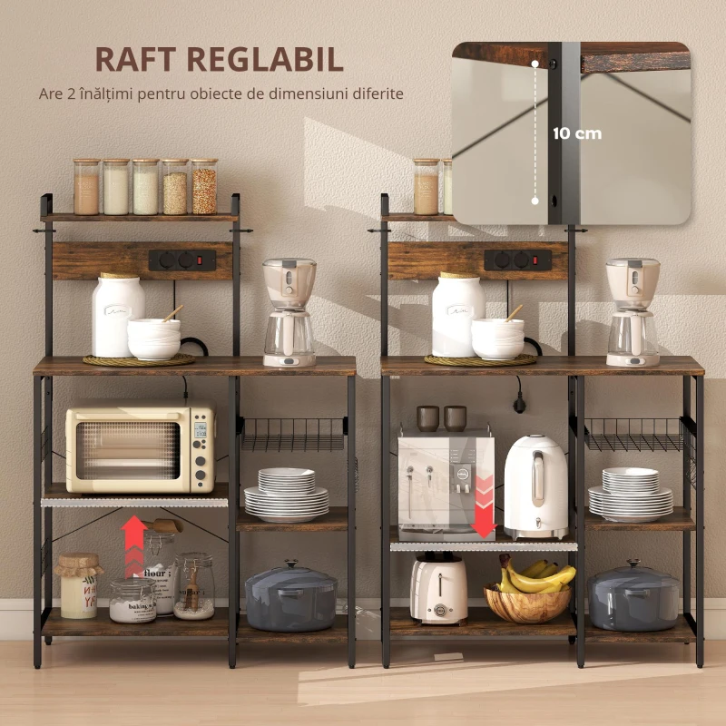 HOMCOM Raft pentru bucătărie, raft independent cu 2 prize, 5 cârlige S, 5 polițe, coș, bare în X, oțel 90 x 42 x 130 cm
