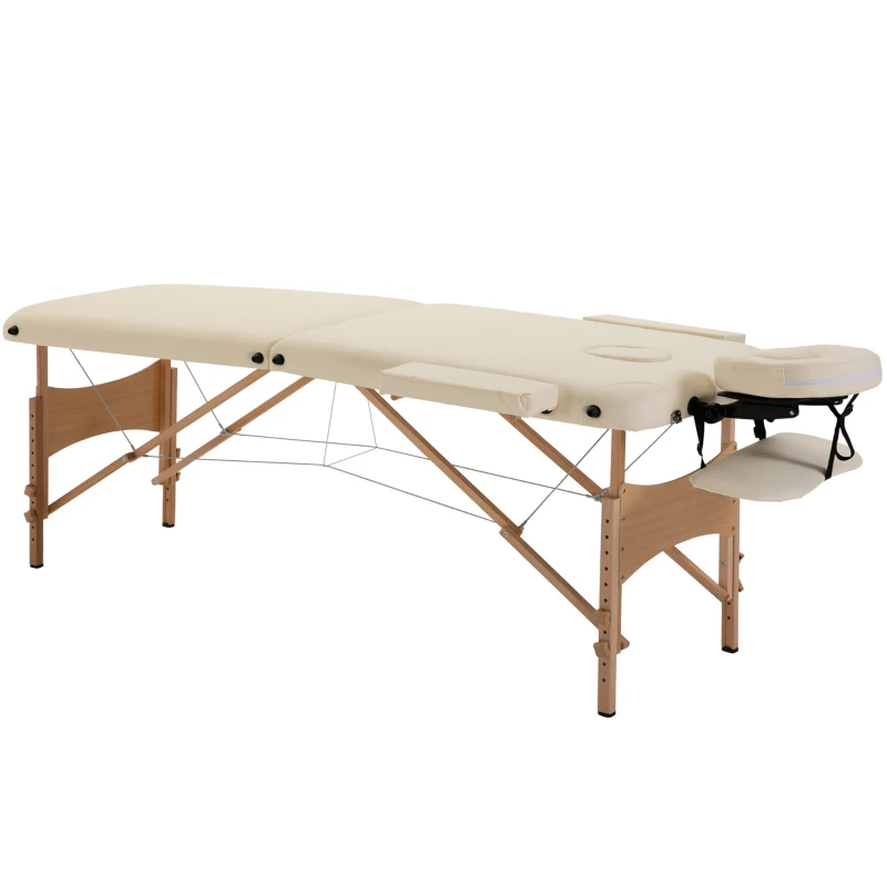 HOMCOM Massagetisch, klappbare Massageliege, höhenverstellbare Massagebank für Spa, Salon, Kunstleder, Holz, Cremeweiß(m-11)