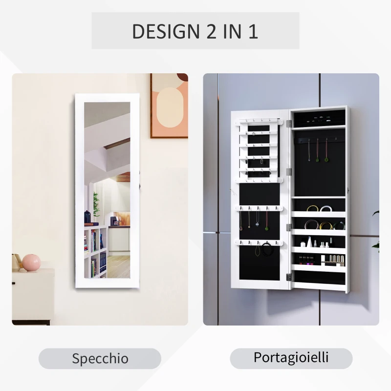 HOMCOM Specchio Portagioie da Parete con Ganci e Scompartimenti in Legno, Armadietto Portagioie con Specchio per Orecchini, Collane e Anelli, 37x9.5x112 cm, Bianco
