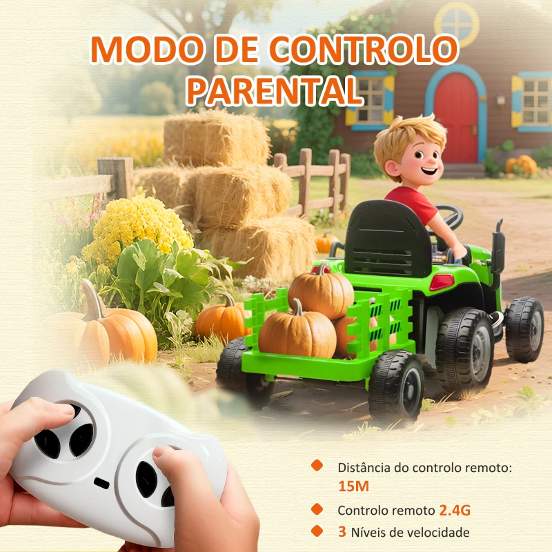 AIYAPLAY Trator Elétrico para Crianças com Reboque Desmontável Bateria 12V Velocidade 3-5 km/h Controle Remoto 2,4G 139x58x55 cm Verde
