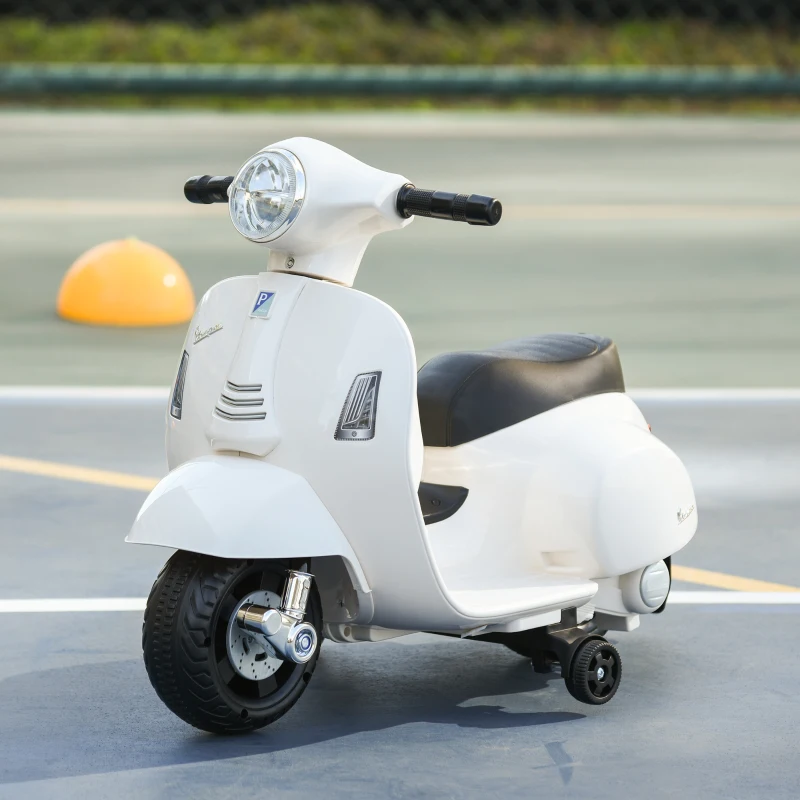 HOMCOM Mota Elétrica Vespa 6V com Farol Buzina e Rodas Auxiliares para Crianças de 18-36 Meses Branco 66,5x38x52 cm