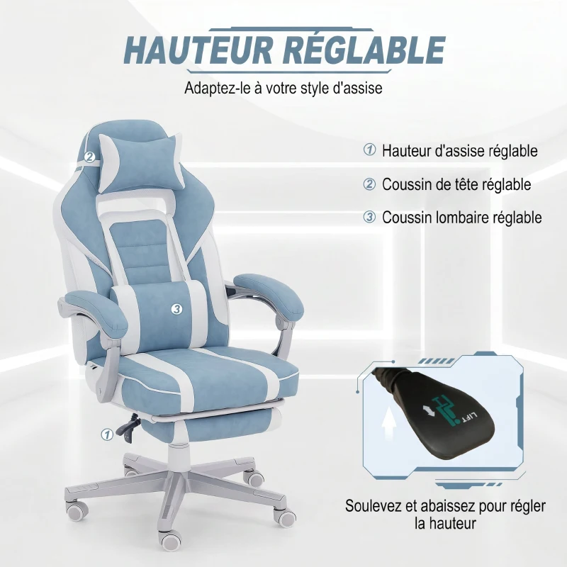 HOMCOM Chaise gaming, fauteuil gaming ergonomique avec repose-pieds, hauteur réglable, dossier inclinable, 63x63x123cm, bleu