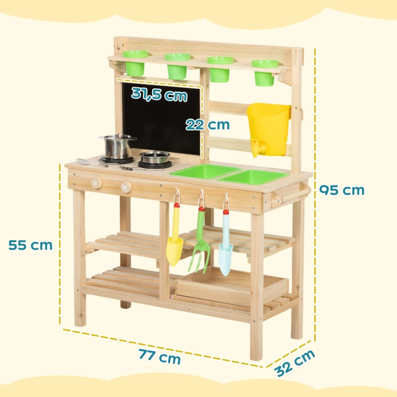 AIYAPLAY Matschküche Kinder Outdoor, Spielküche aus Holz mit Spüle Herd Pflanztöpfen Tafel für 3-6 Jahre 77x32x95 cm Naturholz