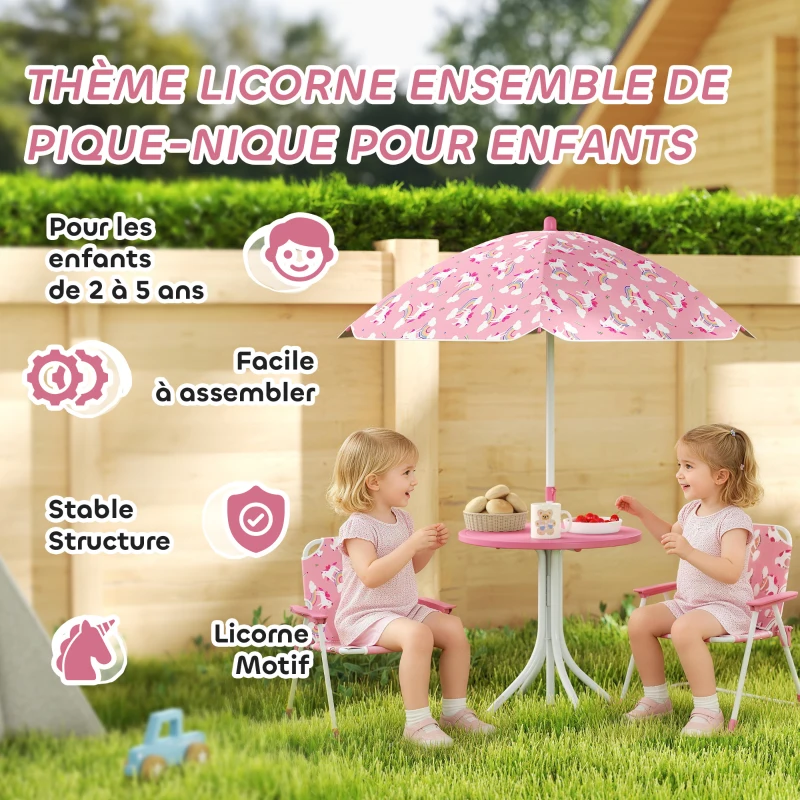 AIYAPLAY Salon de jardin enfant, table enfant avec 2 chaises pliantes et parasol amovible Ø 100 cm, motif jungle, rose