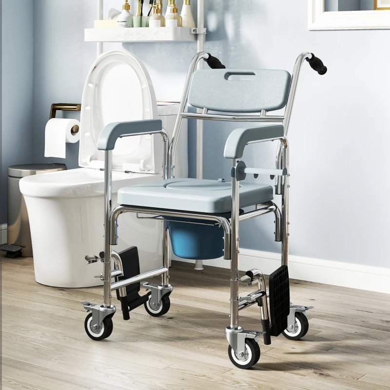 HOMCOM Chaise percée adulte à roulettes, chaise percée de douche avec repose-pieds, dossier et accoudoirs, 53x97x97cm, gris