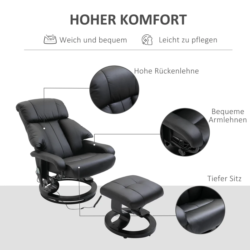 HOMCOM Massagestoel met voetenbank, 10 trilpunten, 145° verstelbare rugleuning, zwart