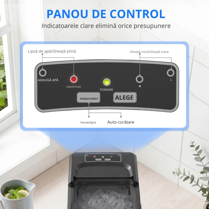 HOMCOM Mașină de Cuburi de Gheață cu Autocurățare 12 kg/24h 9 Cuburi Gata în 7 Minute 2 Mărimi de Gheață Rezervor 1,5L Albastru