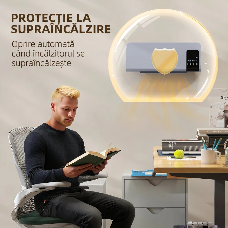HOMCOM Ventilator Termic de Perete Oscilant cu Telecomandă, Temporizator 12h și 2 Moduri, 54.5x12x21.5 cm, Gri