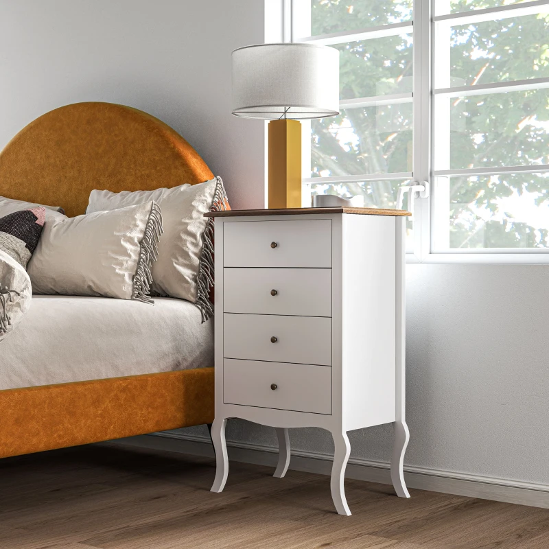 HOMCOM Cómoda com 4 Gavetas Cómoda para Dormitório Estilo Francês com Sistema Anti-Tombo 60x40x98,5 cm Branco e Madeira