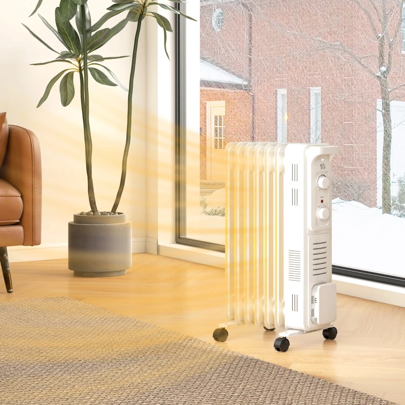 HOMCOM 1500W Quiet Oil Filled Radiator, 7 Fin Energy Efficient Portable Electric Heater with 3 Heat Settings, Adjustable Thermostat, Safety Tip Over, Overheat Protection, for Home, White