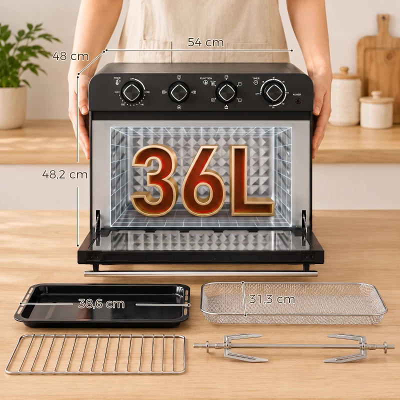 HOMCOM Friteuse à Air Chaud 36L, Four à Air Chaud 1800 W avec Rôtissoire, Plaque de Cuisson, Panier de Friture et Grille, Noir