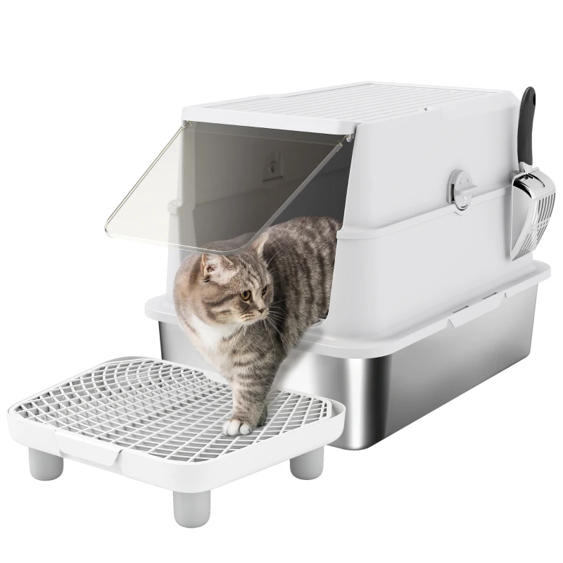 PawHut Katzentoilette, Edelstahl, XL-Innenraum, mit Schaufel, Hellgrau
