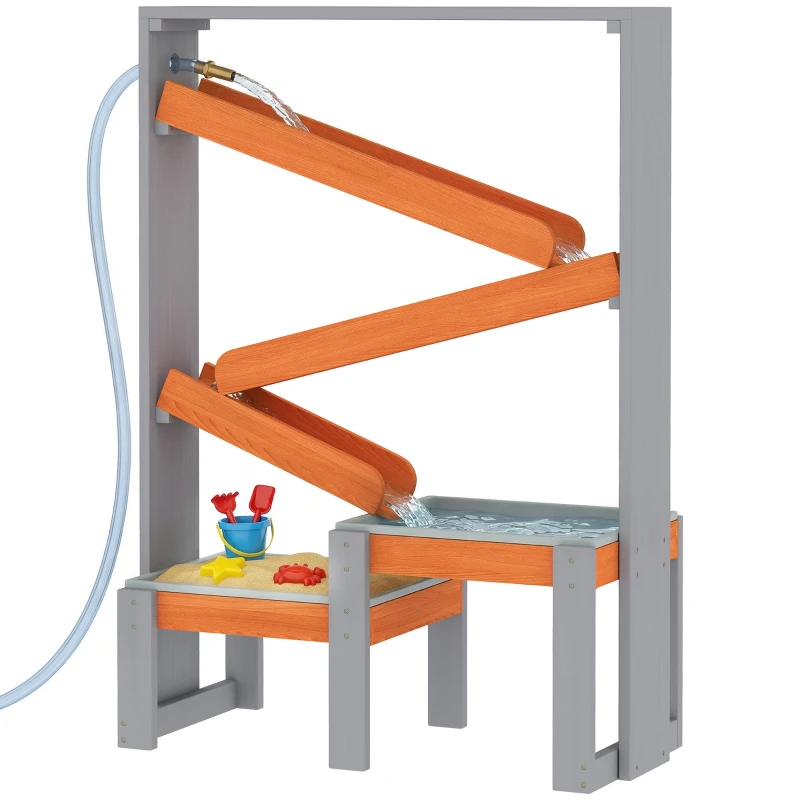 AIYAPLAY Sand Wasserspieltisch, Holz Wassertisch, Matschtisch mit Wasserbahn, 2 Becken Sandkastentisch für 3-8 Jahre Kinder Grau