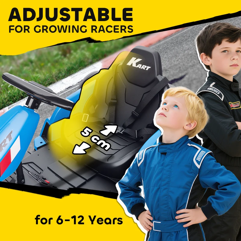 AIYAPLAY 24V Electric Go Kart, Drift Kart with Adjustable Seat, Slow Start, 5-Point Harness, Music, for 6-12 Years, Blue
