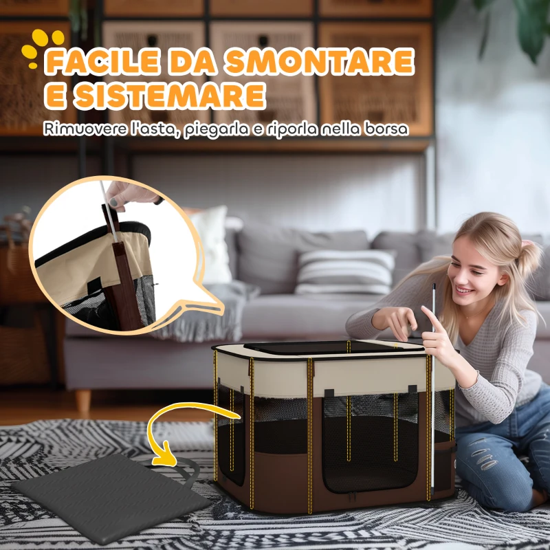 PawHut Box per Animali con 6 Finestre, 3 Porte e 2 Borse Portaoggetti, Poliestere e Acciaio, 74x60x45 cm, Marrone