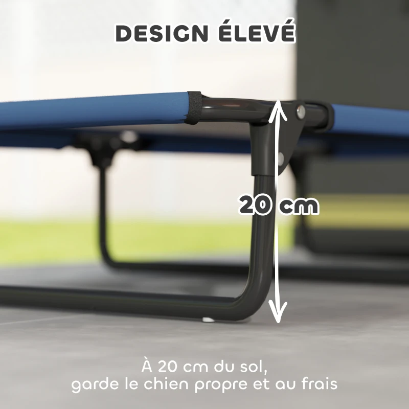 PawHut Lit surélevé pour chiens pliable rafraîchissant, lit de camp pour animaux en maille respirante 107x61x20cm bleu foncé
