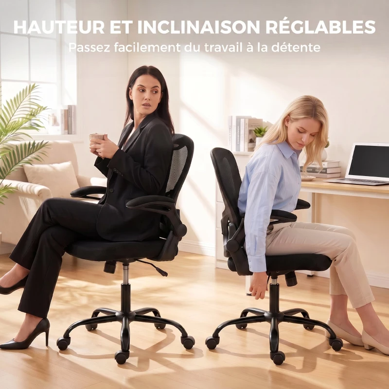 HOMCOM Chaise Bureau Ergonomique, Fauteuil de Bureau Maille, Accoudoirs Relevables, Hauteur Réglable, Fonction Bascule, Noir