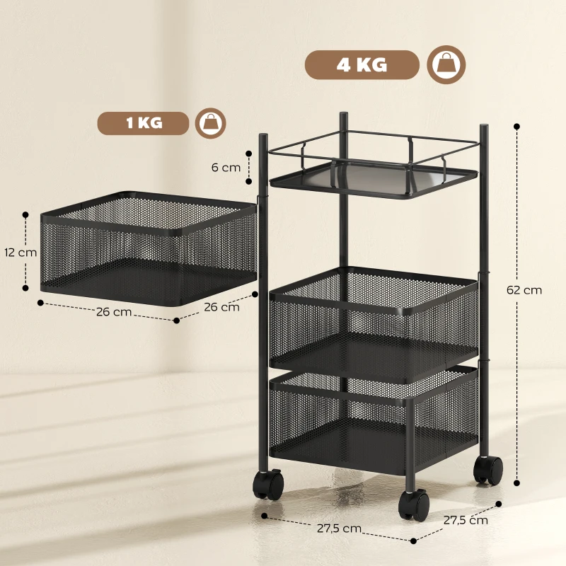 HOMCOM Carrello Cucina a 3 Livelli con Cestini in Metallo Girevoli, Ruote e Freno, 27.5x27.5x62 cm, Nero