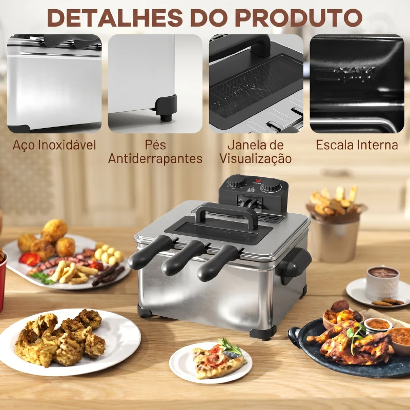 HOMCOM Fritadeira 5 L com Temperatura Ajustável até 190 °C Janela de Visualização e Temporizador 60 min Prata