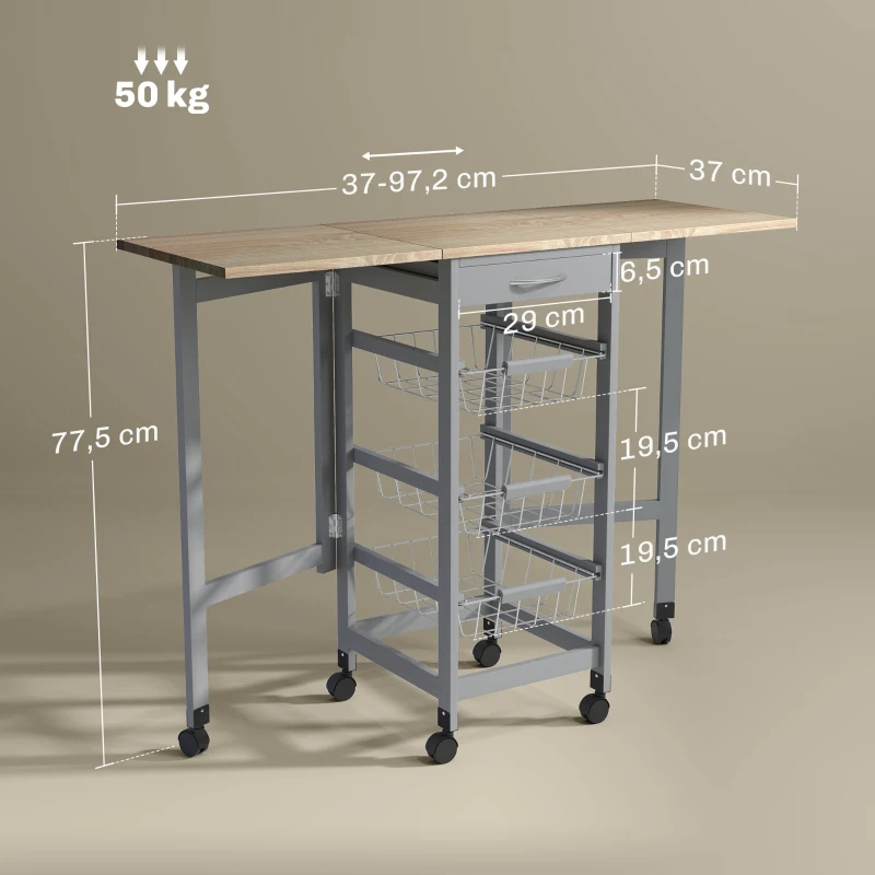 HOMCOM Carrinho Auxiliar Dobrável Carrinho de Cozinha com 6 Rodas 1 Gaveta e 3 Cestos de Metal 97,2x37x77,5 cm Cinza e Carvalho