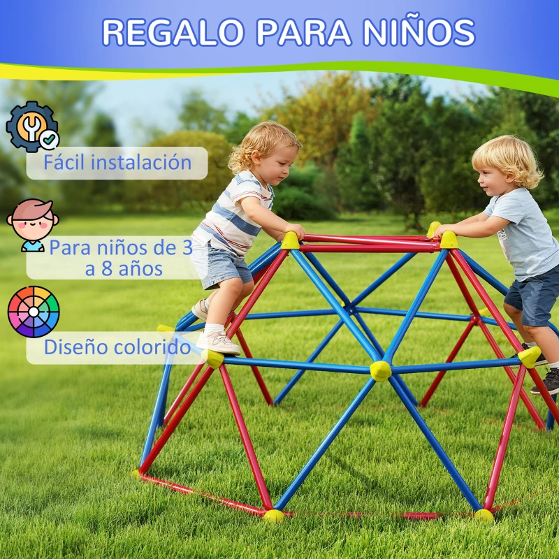 Outsunny Cúpula de Escalada Juego de Cúpula Geométrica para 3-8 Años con Marco de Metálico Carga 180 kg Ø183x90 cm Rojo y Azul