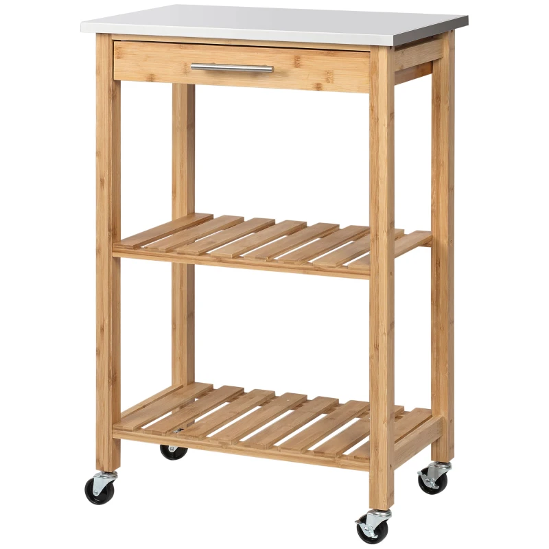 HOMCOM Carrello da Cucina in Bambù con Piano in Acciaio Inox, Cassetto e Mensole a Doghe, Legno