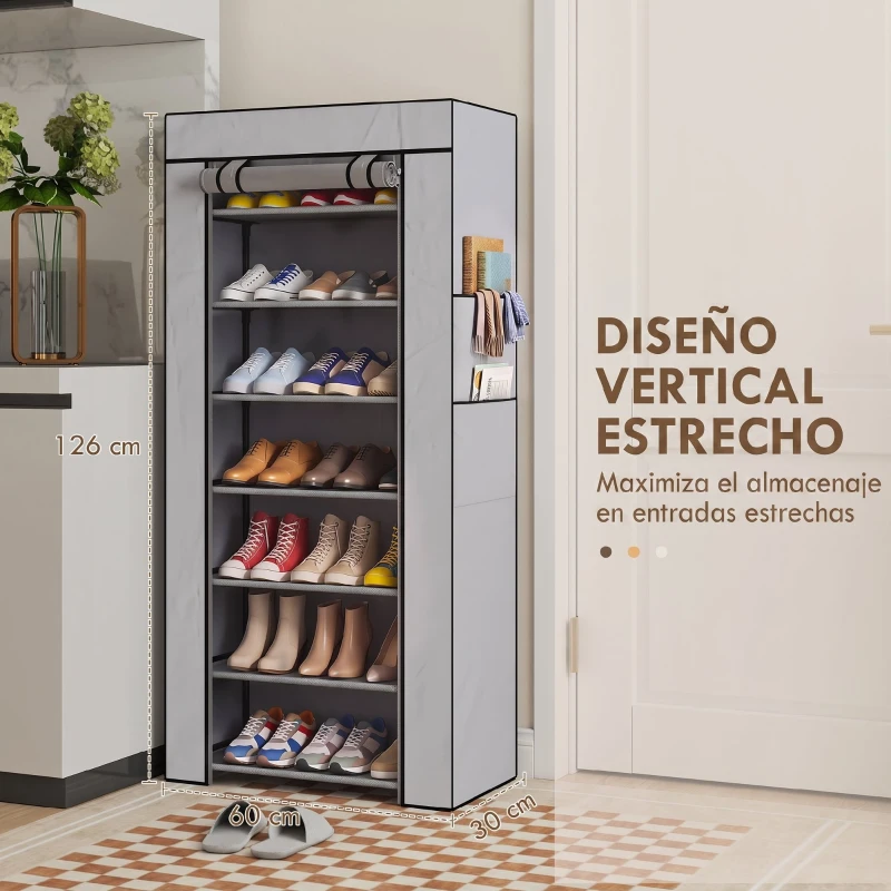 HOMCOM Zapatero de 7 Niveles, Zapatero Estrecho de Acero con Funda de Tela no Tejida 2 Bolsillos para 14-21 Pares Gris