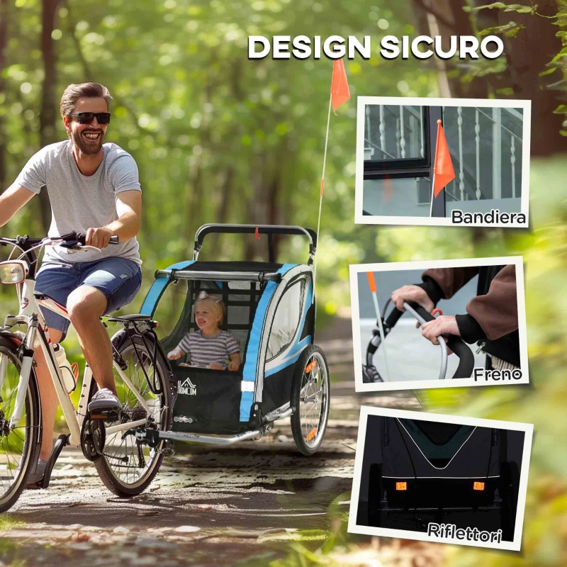 HOMCOM Rimorchio Bici per Bambini e Passeggino 2 in 1 con Cintura,  Tasche e Bandierina, Blu