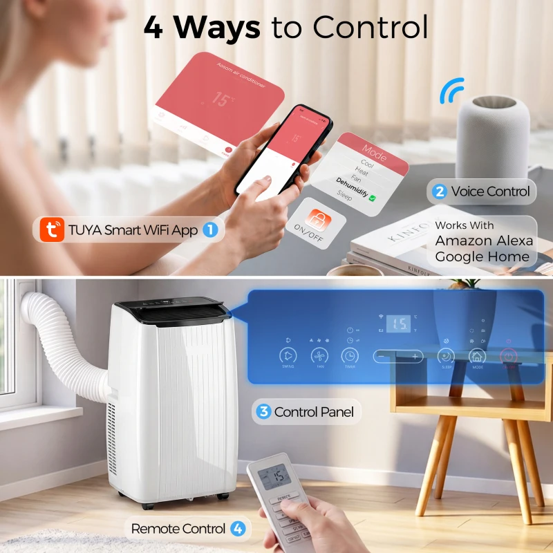 HOMCOM 12000 BTU 5-in-1 Portable Air Conditioner with Cool, Heat, Dehumidifier, Fan, Sleep, WiFi Voice Control, White