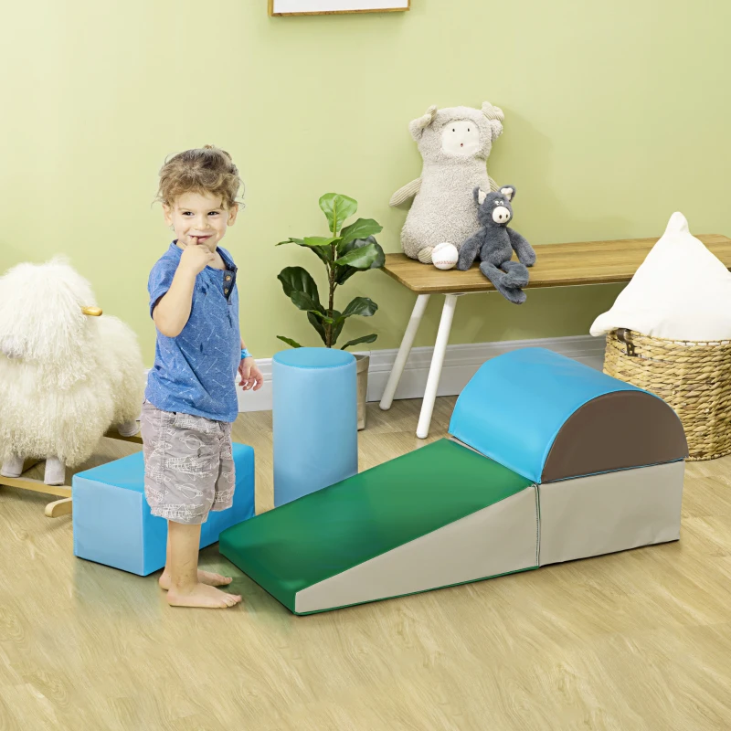 HOMCOM 5 Piece Kids Soft Play Set, Climb and Crawl Activity Toys Set for Baby Toddler, Soft Foam Blocks Indoor Play Equipment Learning Toys Blue