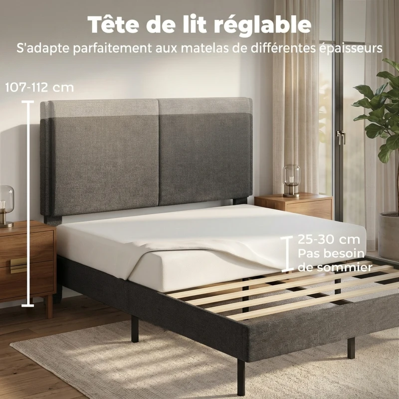 HOMCOM Cadre de Lit 140 x 190 cm avec Sommier et Tête Réglable, Lit Double Rembourré en Lin, Rangement au-dessous, Gris