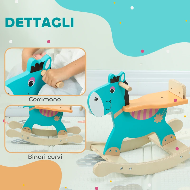 AIYAPLAY Cavallo a Dondolo a Forma di Asino per Bambini con Base Larga, in Legno, 59x27x43 cm, Verde Scuro e Arancione