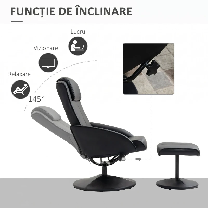 HOMCOM Fotoliu Reclinabil Relax cu Taburet pentru Picioare Asortat și Tapițerie din Piele Sintetică, Negru