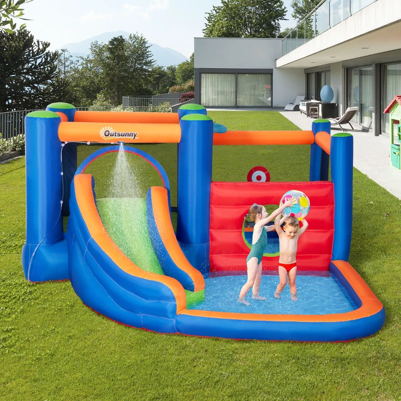 Outsunny Hüpfburg, mit Rusche, Hüpfbereich, Pool, aufblasbar, inkl. Elektropumpe, für bis 3 Kinder, 380 x 340 x 170 cm
